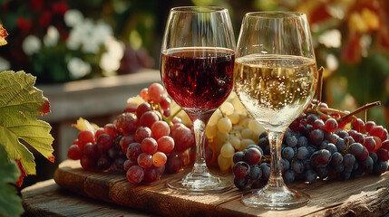 Glasses of red and white wine with ripe grapes on a wooden table in a rustic vineyard setting. 