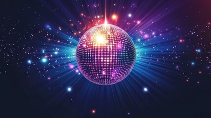Vibrant Disco Ball with Radiant Light Beams and Starbursts