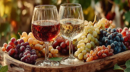 Glasses of red and white wine with ripe grapes on a wooden table in a rustic vineyard setting. 