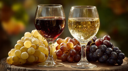 Glasses of red and white wine with ripe grapes on a wooden table in a rustic vineyard setting. 