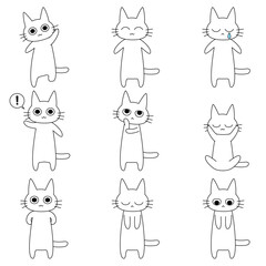 色々な感情とポーズの白猫セットイラスト、シンプルでかわいいキャラクター