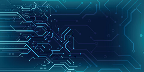 Futuristic blue PCB circuit board technology background with digital connections.