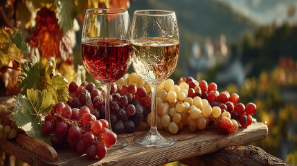 Glasses of red and white wine with ripe grapes on a wooden table in a rustic vineyard setting. 