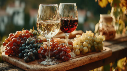 Glasses of red and white wine with ripe grapes on a wooden table in a rustic vineyard setting. 