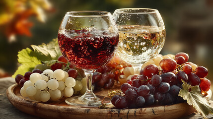 Glasses of red and white wine with ripe grapes on a wooden table in a rustic vineyard setting. 