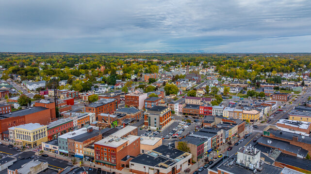 Geneva, NY, USA - October 17, 2025:  Aerial photo over Seneca Lake and the City of Geneva New York
