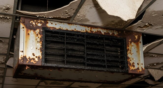 Heavily Rusted Industrial Air Vent and Peeling Ceiling in Dilapidated Abandoned Building Interior, Urban Decay Concept