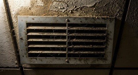 Filthy, Neglected HVAC Air Vent Covered in Dust and Cobwebs on a Grimy Ceiling with Peeling Paint, Symbolizing Deterioration and Poor Maintenance