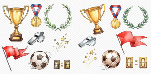 Watercolor illustration set of sports and achievement elements including trophies, medals, whistles, soccer balls, flags, and scoreboards.