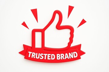 Red thumbs up symbol with trusted brand text on a ribbon signifying approval and reliability for a business