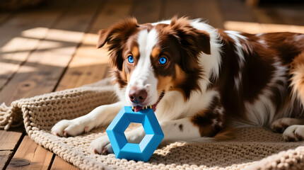 A charming red merle australian shepherd puppy with striking blue eyes lies on a cozy blanket, playfully biting a blue toy on a sunny wooden floor