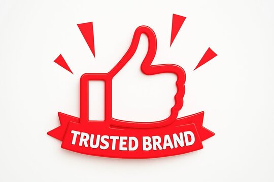 Red thumbs up symbol with trusted brand text on a ribbon signifying approval and reliability for a business