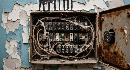 Fototapeta premium Decayed Electrical Fuse Box: Rusty, Cobweb-Covered Wires on Peeling Wall, Emphasizing Abandonment and Disrepair