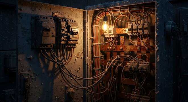 Vintage Industrial Electrical Control Panel with Intricate Wiring and Glowing Bulb