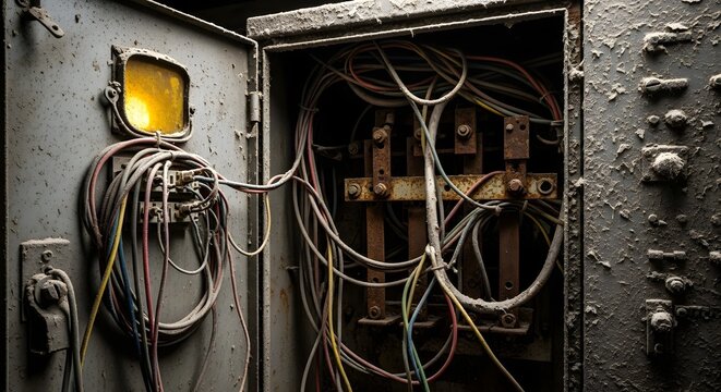 Vintage Industrial Electrical Control Panel with Exposed Wires and Rusty Components, Showing Age and Disorganization