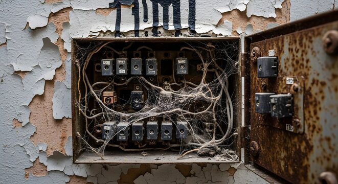 Dilapidated Electrical Fuse Box with Tangled Wires, Heavy Rust, and Cobwebs on a Peeling Wall, Highlighting Decay and Abandonment