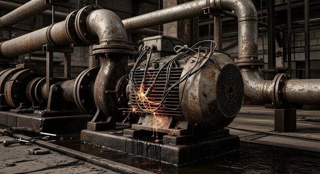 Sparks Erupting from Malfunctioning Industrial Electric Motor and Rusty Pump System in Gritty Factory Setting - Powered by Adobe