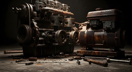 Gritty close-up of a rusty, vintage industrial engine and generator, surrounded by tools on a dark workshop floor, evoking a sense of repair or aba...
