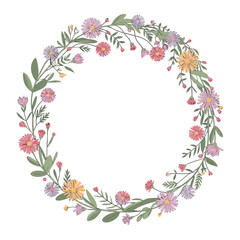 A vibrant floral wreath isolated on white background, showcasing a mix of colorful blossoms and lush green leaves, creating a cheerful and inviting circular design for various creative projects