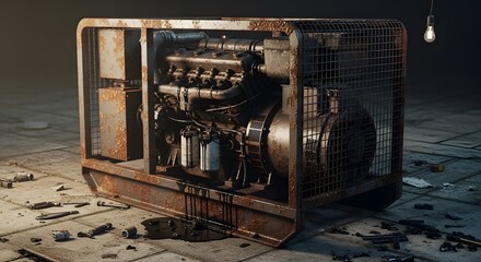 Old Rusty Industrial Power Generator with Exposed Engine in Grungy Dimly Lit Setting, Leaking Oil on Concrete Floor, Evoking Abandoned Factory Atmo...