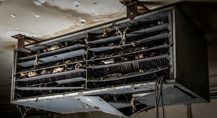 Dilapidated Industrial Air Handling Unit Suspended from Crumbling Ceiling in Abandoned Factory, Showcasing Decay