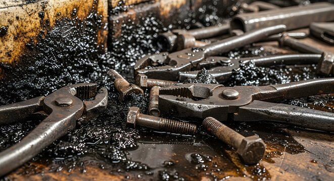 Gritty Industrial Workshop: Vintage Metal Tools, Pliers, Wrenches, and Bolts Scattered Among Coal and Debris on a Worn Surface