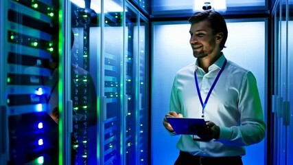 System Administrator Inspecting Data Center Servers with Tablet and Data Analysis - Powered by Adobe