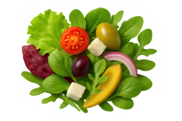 Fresh garden salad with mixed greens, cherry tomato, olives, feta cheese, and red onion, transparent background