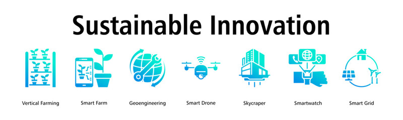 Sustainable Innovation banner web icon vector illustration concept with icon of vertical farming, smart farm, geoengineering, smart drone, skycraper, smartwatch, smart grid

