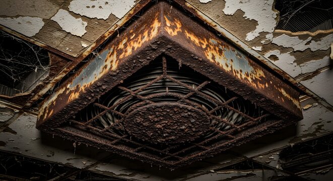 Heavily Rusted Industrial Ventilation Grille and Peeling Ceiling in an Abandoned, Dilapidated Building Interior