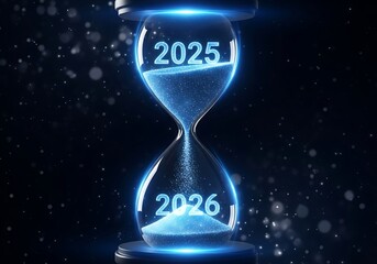 Futuristic hourglass with glowing blue light and particles, displaying the years 2025 and 2026, symbolizing the passage of time and the transition to the future