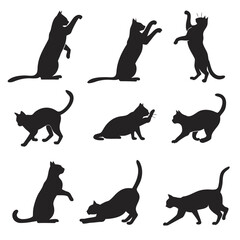 Collection of black cat silhouettes in various playful and active poses on white background