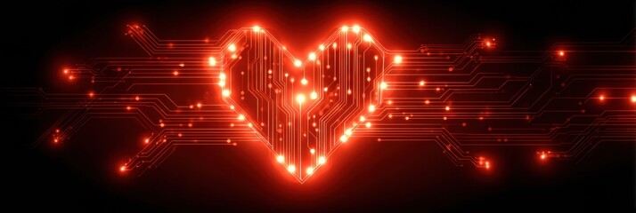 Digital Heart Design With Glowing Lights and Circuit Patterns on a Dark Background