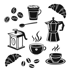 Collection of black and white hand drawn coffee icons including beans cups croissants and coffee maker