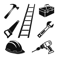 Collection of black silhouette construction and repair tools including ladder hammer saw toolbox wrench and drill