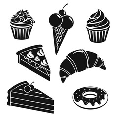 Collection of black and white silhouette icons representing various delicious desserts and baked goods