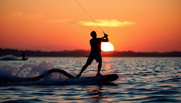 Wakeboarder silhouette against sunset, various poses, water spray, clouds, background - Powered by Adobe