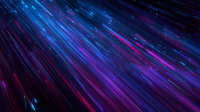 Abstract stream of neon blue and magenta light rays and particles flowing diagonally across a dark background, representing a high-speed data transfer or big data concept.