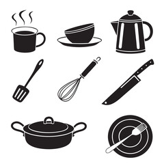 Collection of black kitchen utensil and cookware icons including a coffee cup pot whisk spatula knife pot and plate