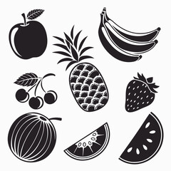 Collection of black and white silhouette illustrations of various fresh fruits on a white background