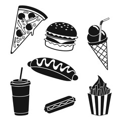 Collection of black and white hand drawn icons representing popular fast food items and treats