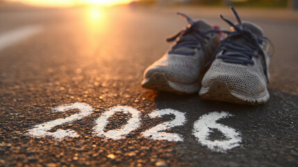 Runner shoes on asphalt with 2026 marking, symbol of new year fitness goals and motivation
