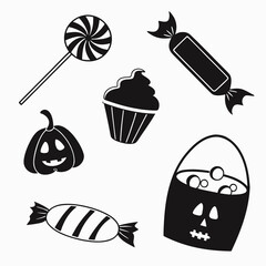 Collection of black halloween icons featuring candy pumpkin cupcake and trick or treat bucket