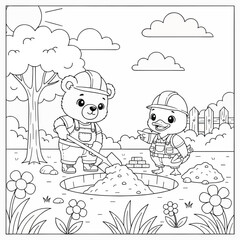 Fototapeta premium Cute Animals Building a Playground Scene Together for Coloring Fun