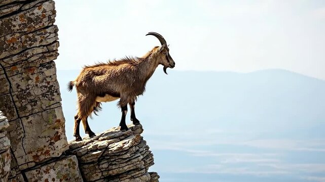 Majestic Ibex Wild Goat Perched on Rugged Mountain Cliff Edge Overlooking Vast Landscape