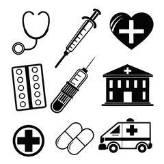 Collection of black medical icons including stethoscope syringe pills hospital ambulance and heart symbol