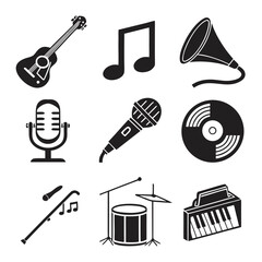 Collection of black silhouette icons representing musical instruments and audio equipment on a white background