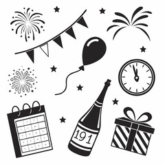Collection of new year s eve celebration icons including fireworks balloon champagne clock gift and calendar