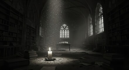 Obraz premium Candle illuminates dusty old library with ornate gothic windows and abundant bookshelves.