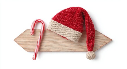 Christmas Candy Cane and Santa Hat on Wooden Sign photo